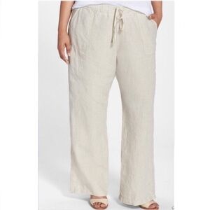 Allen Allen Wide Leg Linen Drawstring Tan Pants